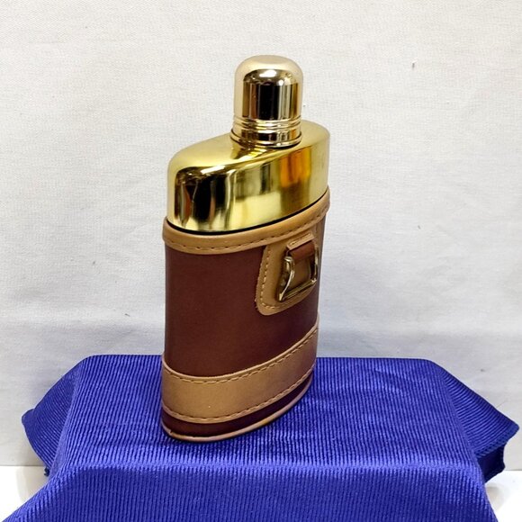 Comoy Of London Flask Gold Tone Glass w/ Leather Case Elegant Barware Vintage - Picture 2 of 14